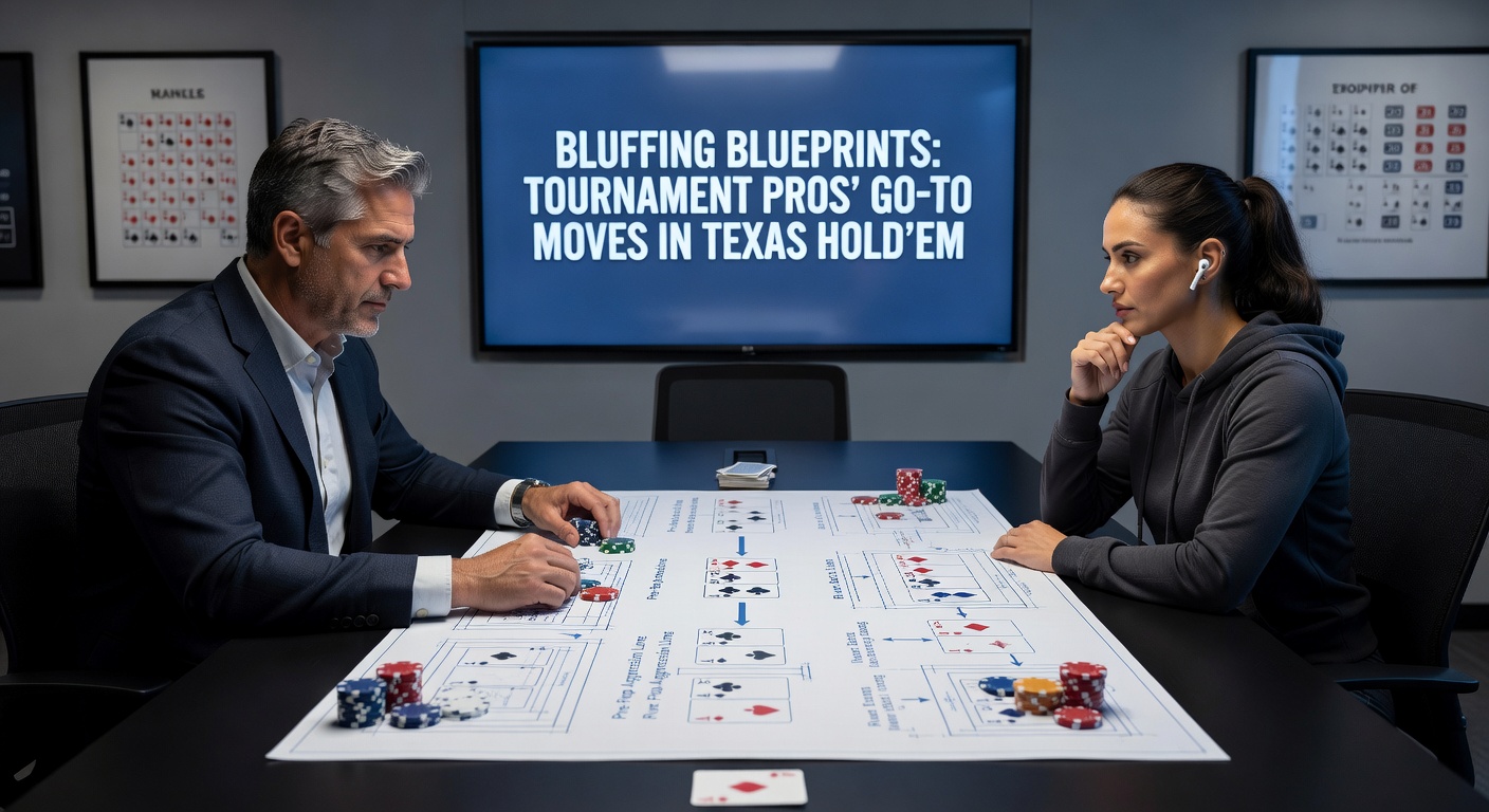 Nahaufnahme eines intensiven Poker-Bluffs während eines Turniers, Chips im Einsatz