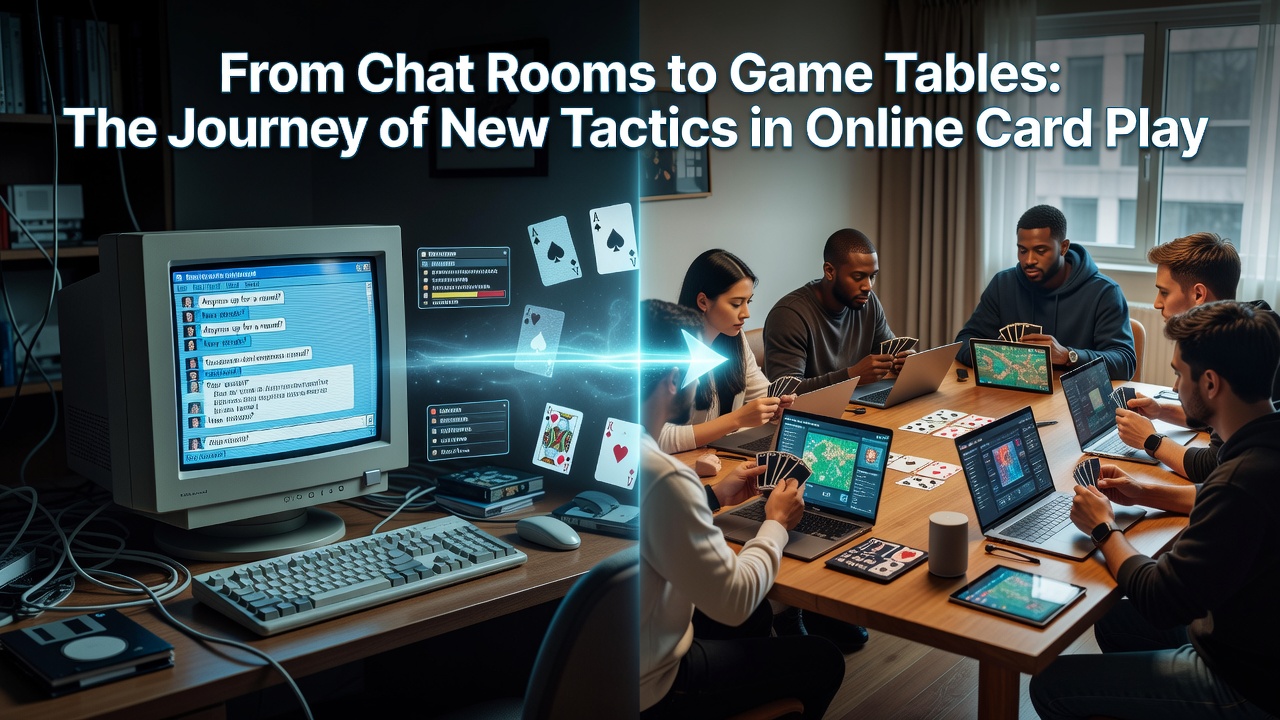 Historische Darstellung von frühen Online-Chatrooms mit Kartenspiel-Diskussionen und modernen digitalen Spieltischen im Übergang