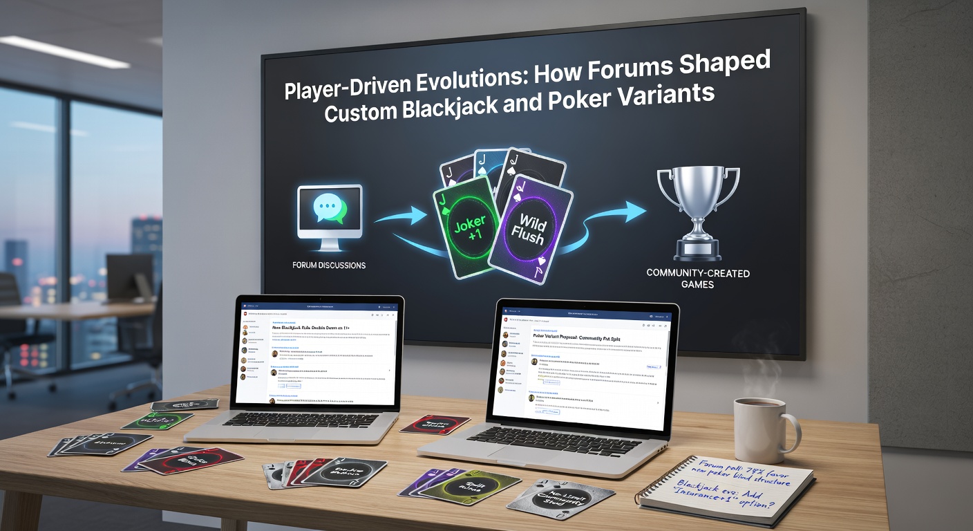 Gruppe von Spielern am Computer, die Foren-Threads über Custom-Poker-Varianten diskutieren, mit Chips und Karten auf dem Tisch, verdeutlicht kollaborative Kreativität