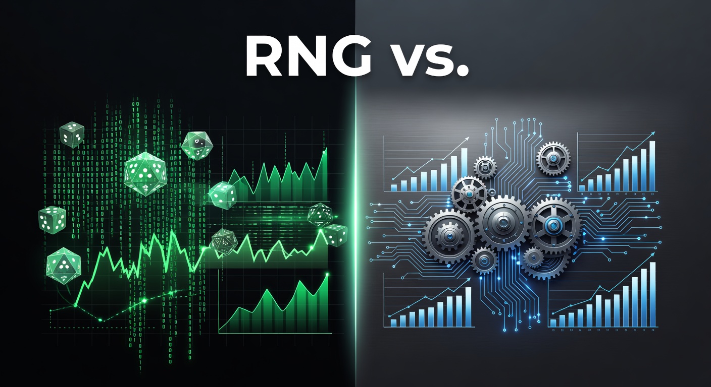 Vergleichsgrafik von RNG-Software und Live-Dealer-Tischen mit Karten und Würfeln, die Fairness und Zufälligkeit illustrieren